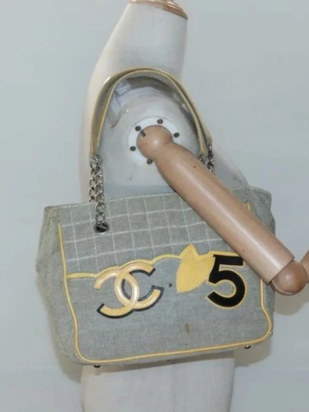 CHANEL Choco Bar Tote Bag Canvas Beige Yellow CC Auth 116301